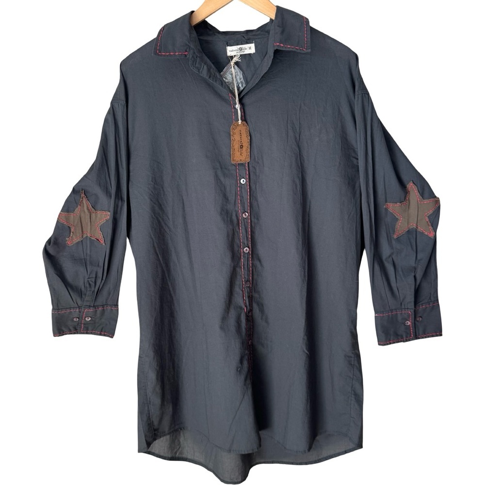 NWT NATURAL LIFE Cotton Button Front Shirt Dress With Embroidered Star Patches M - Picture 4 of 15